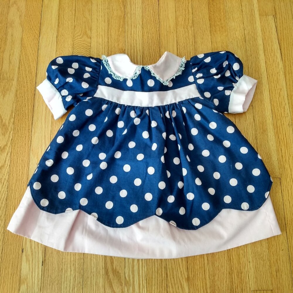 Vintage Handmade Baby Dress Blue Pink Polka Dots